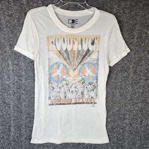 Woodstock T-Shirt Women M Summer of Love White Graphic Short Sleeve DOE EUC